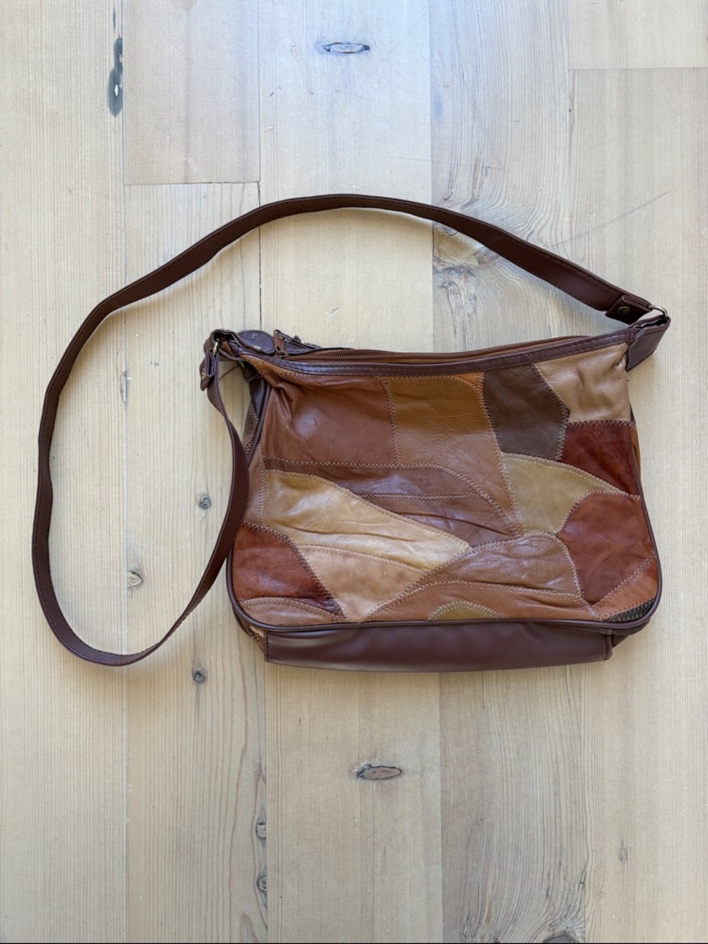 Vintage Patchwork Leather / PVC Crossbody Bag in Mixed Brown Tones - Picture 6 of 7